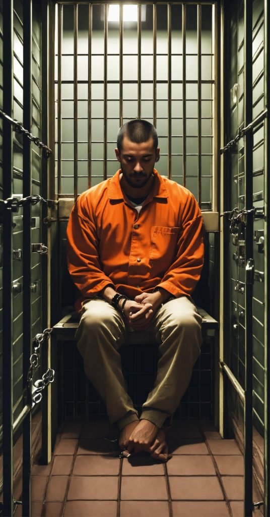 an individual placed in a prison cell with handcuf 2